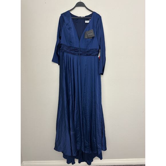 New Mac Duggal Navy Long Sleeve V-Neck Dress 55245 Size 14 - Picture 1 of 6